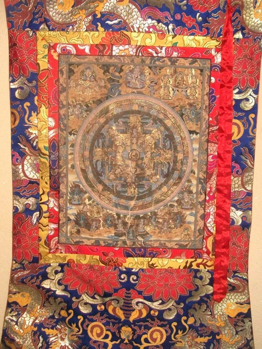 Large Hanging Vintage Tibetan Thangka w Handpainted Mandala on Heavy Brocade